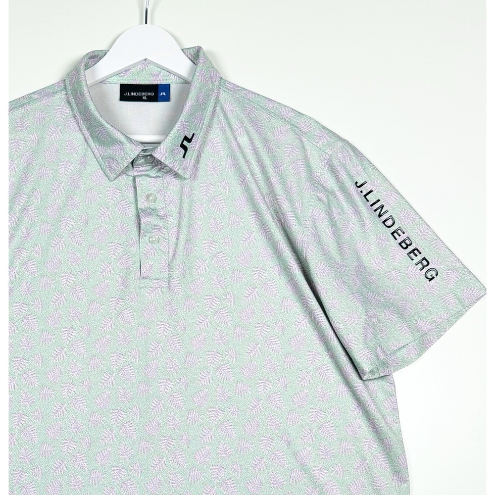 J.Lindeberg Golf Shirt Men's XL Green/Purple Leaf Print Performance Polo Stretch